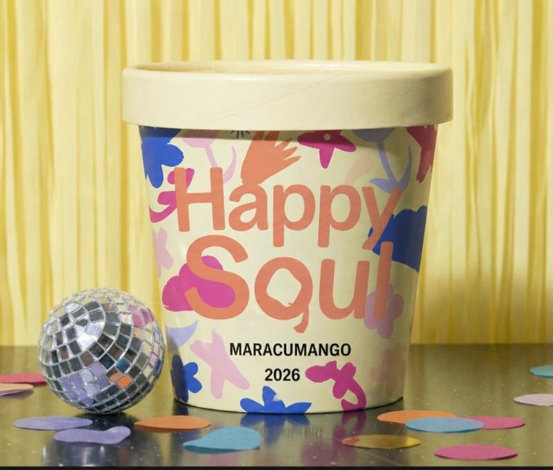 Pote de 100 ml de Happy Soul sabor Maracumango, con esfera de espejos y confeti alrededor